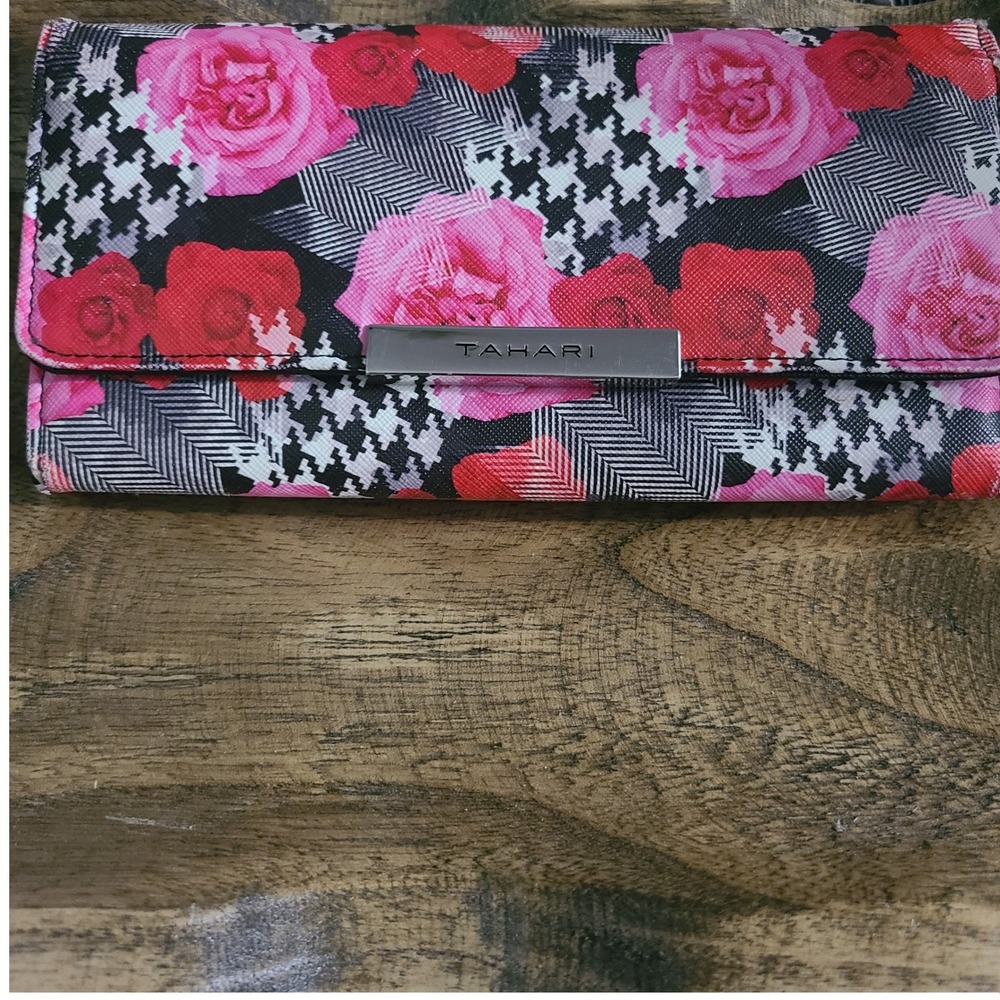Tahari Floral Houndstooth Trifold Wallet Pink Red Rose
